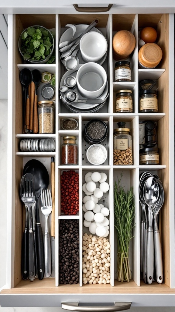 Organized kitchen drawer with utensils, spices, and fresh herbs in customizable dividers.