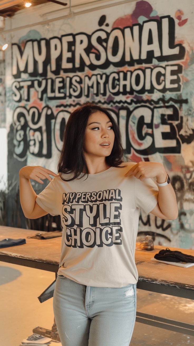 A woman wearing a customizable t-shirt that says 'MY PERSONAL STYLE IS MY CHOICE,' standing in front of a colorful graffiti wall.