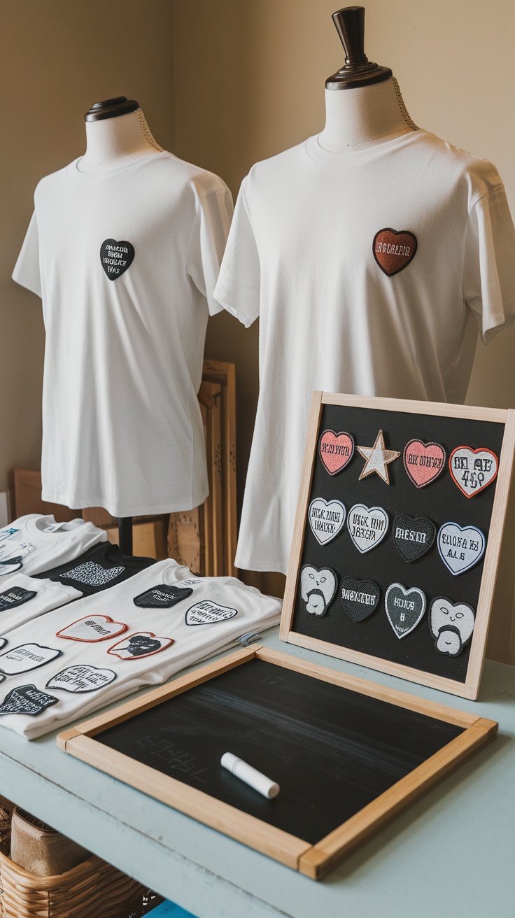 Display of customizable white t-shirts with various patches on a table