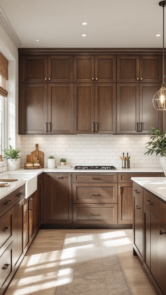 A modern kitchen featuring customized dark wood cabinetry and a bright, inviting atmosphere.