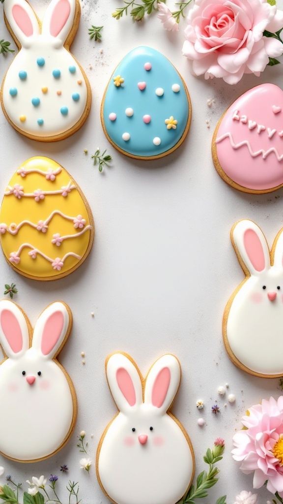 Customized Easter cookies shaped like bunnies and eggs, decorated with pastel icing and sprinkles, surrounded by flowers.