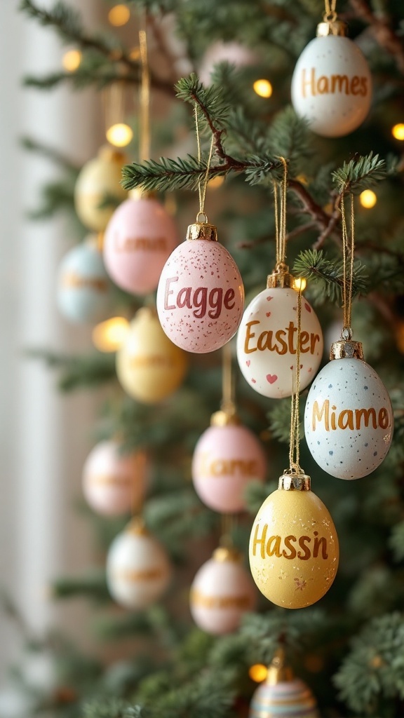 Colorful customized name ornaments hanging on a tree for Easter