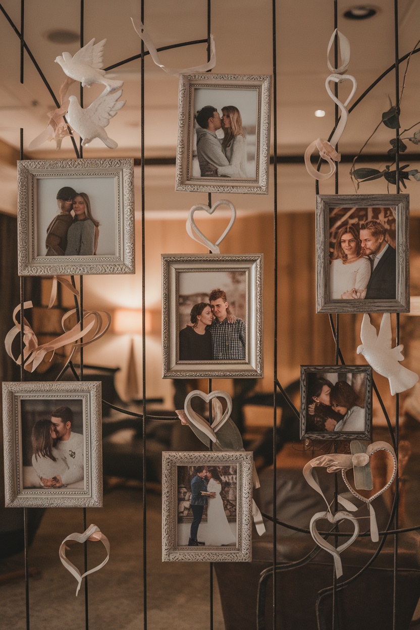 Customized photo display with framed pictures of couples and decorative elements.