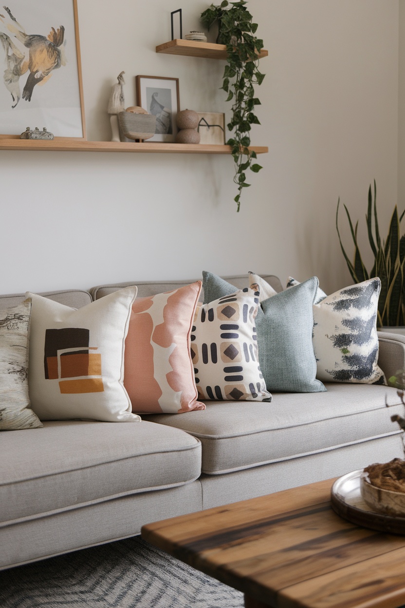 A cozy sofa with a variety of customized throw pillows featuring different patterns and colors.