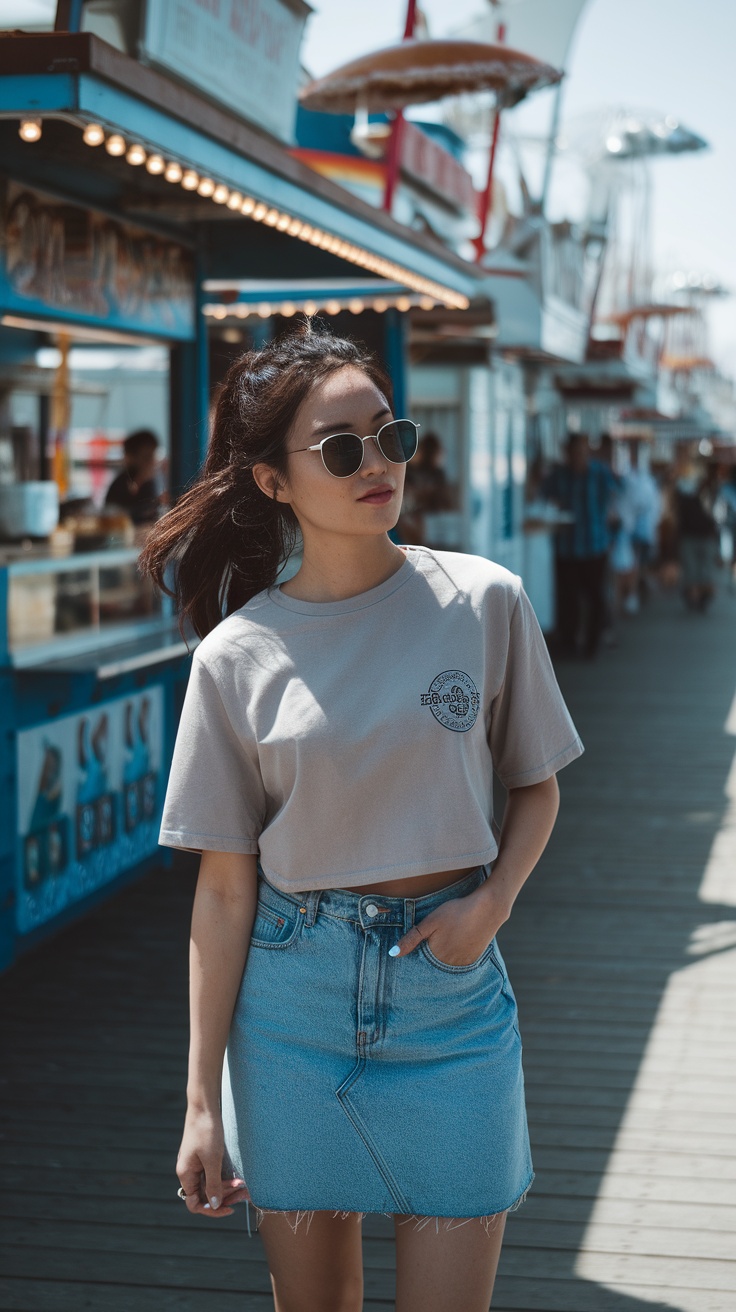 A young woman wearing a cut-off sleeve t-shirt and denim skirt, walking in a sunny outdoor environment