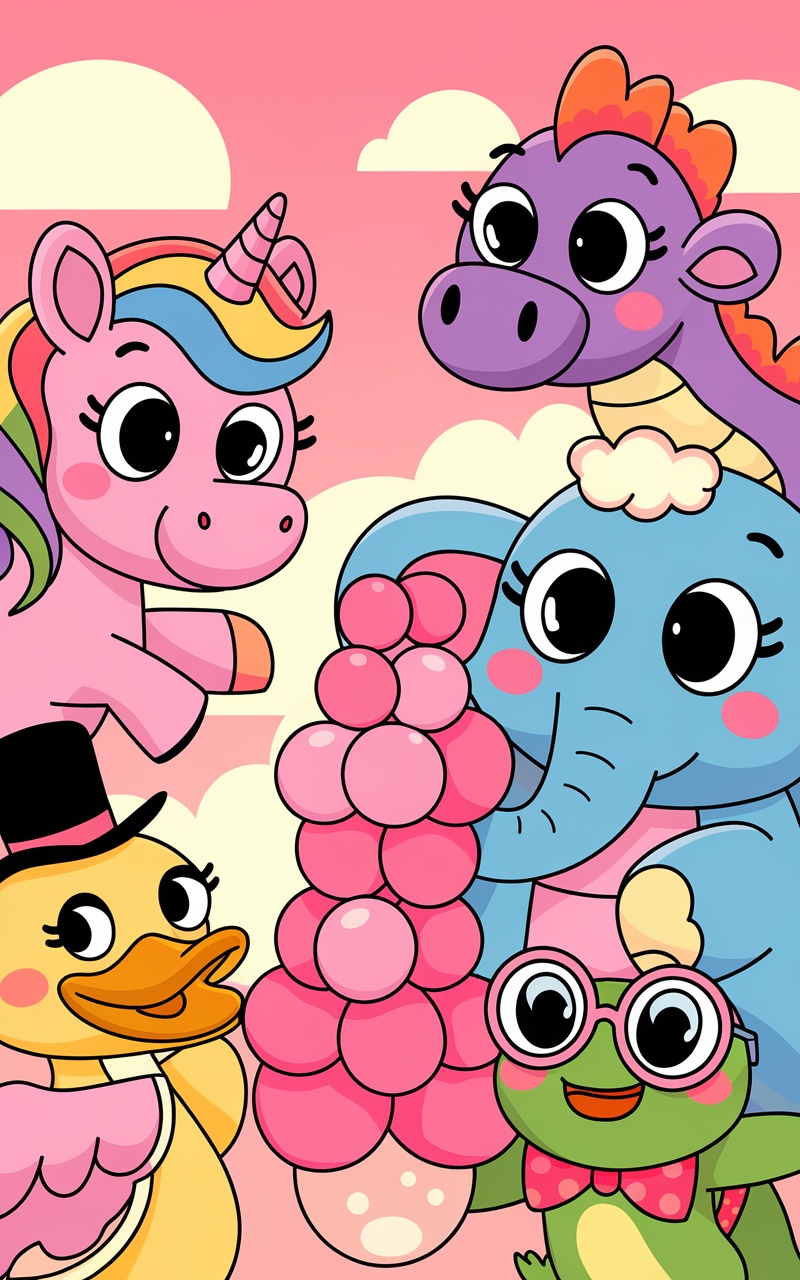 A colorful illustration of cute cartoon animals including an elephant, unicorn, dinosaur, and whale surrounded by flowers.