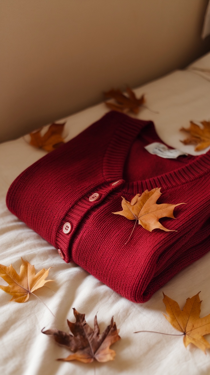 A folded cherry red cardigan with buttons and autumn leaves around it