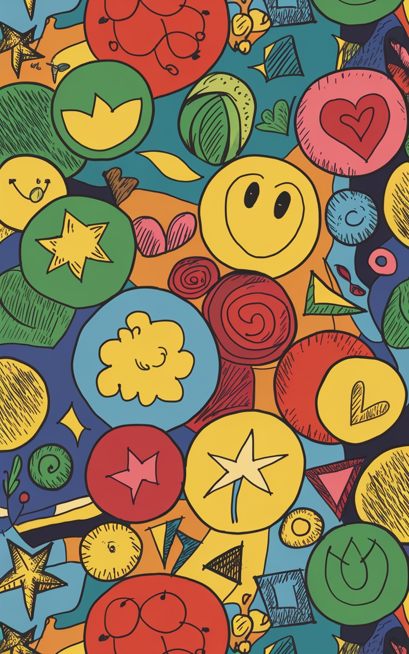 Colorful doodle pattern with smiley faces, stars, and hearts