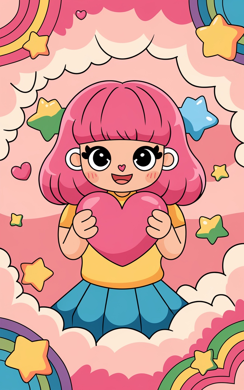 Illustration of a cute girl with pink hair holding a heart surrounded by stars and rainbows.