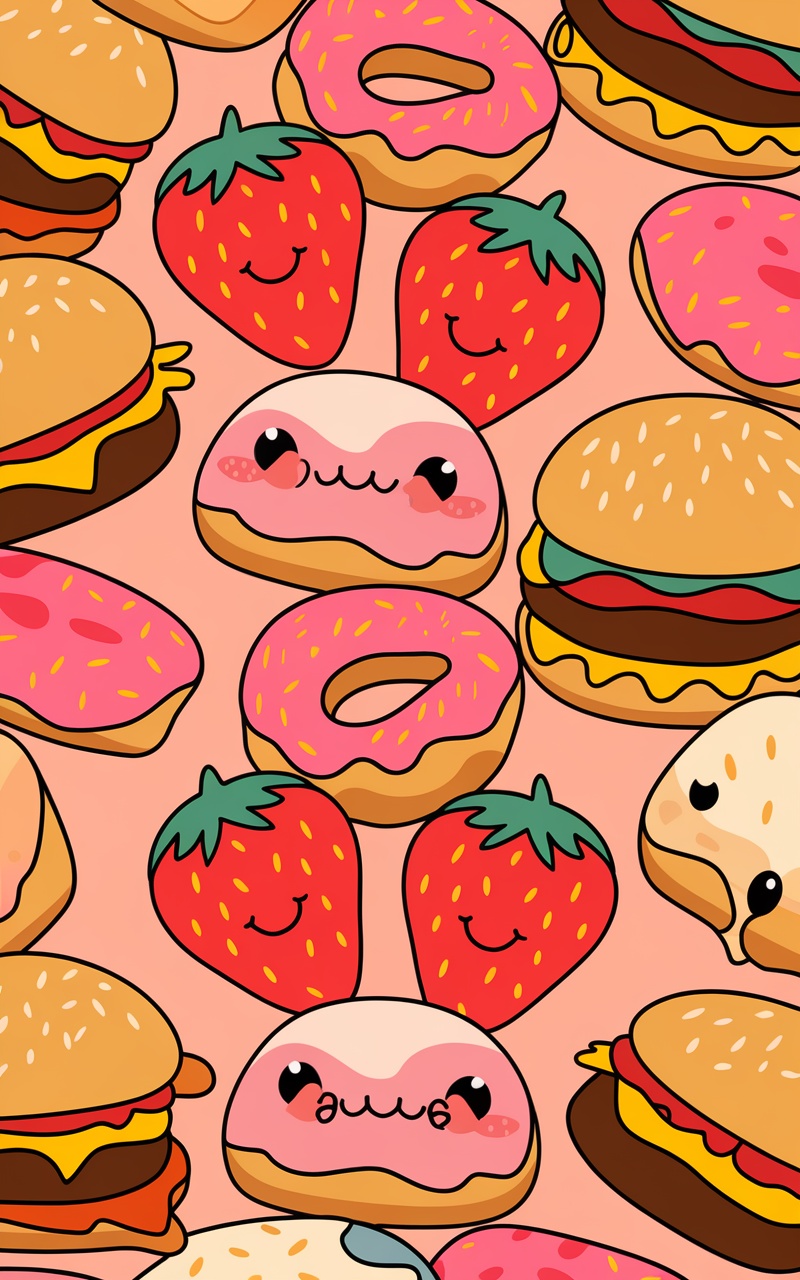 Colorful kawaii food illustrations including donuts, strawberries, and hamburgers.