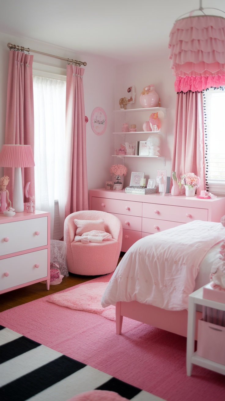 A cozy pink bedroom featuring plush bedding, cute accessories, a pink desk chair, and soft toys.