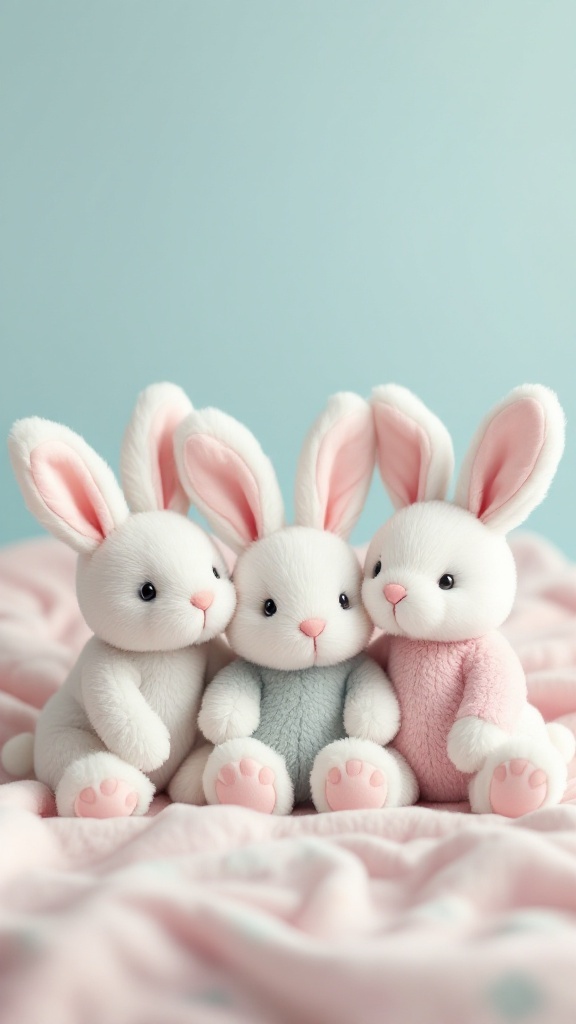 Three cute plush bunnies in pastel colors sitting together