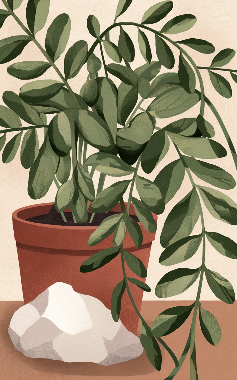 Illustration of a cute potted plant with green leaves in a brown pot and a white rock beside it.