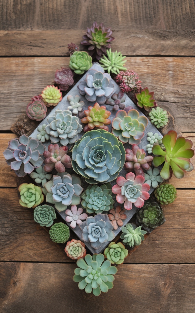 A colorful arrangement of various succulents on a wooden surface.