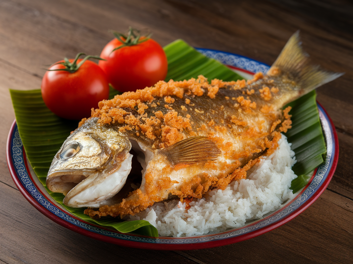 A plate of Daing na Bangus with marinated milkfish, white rice, and tomatoes.