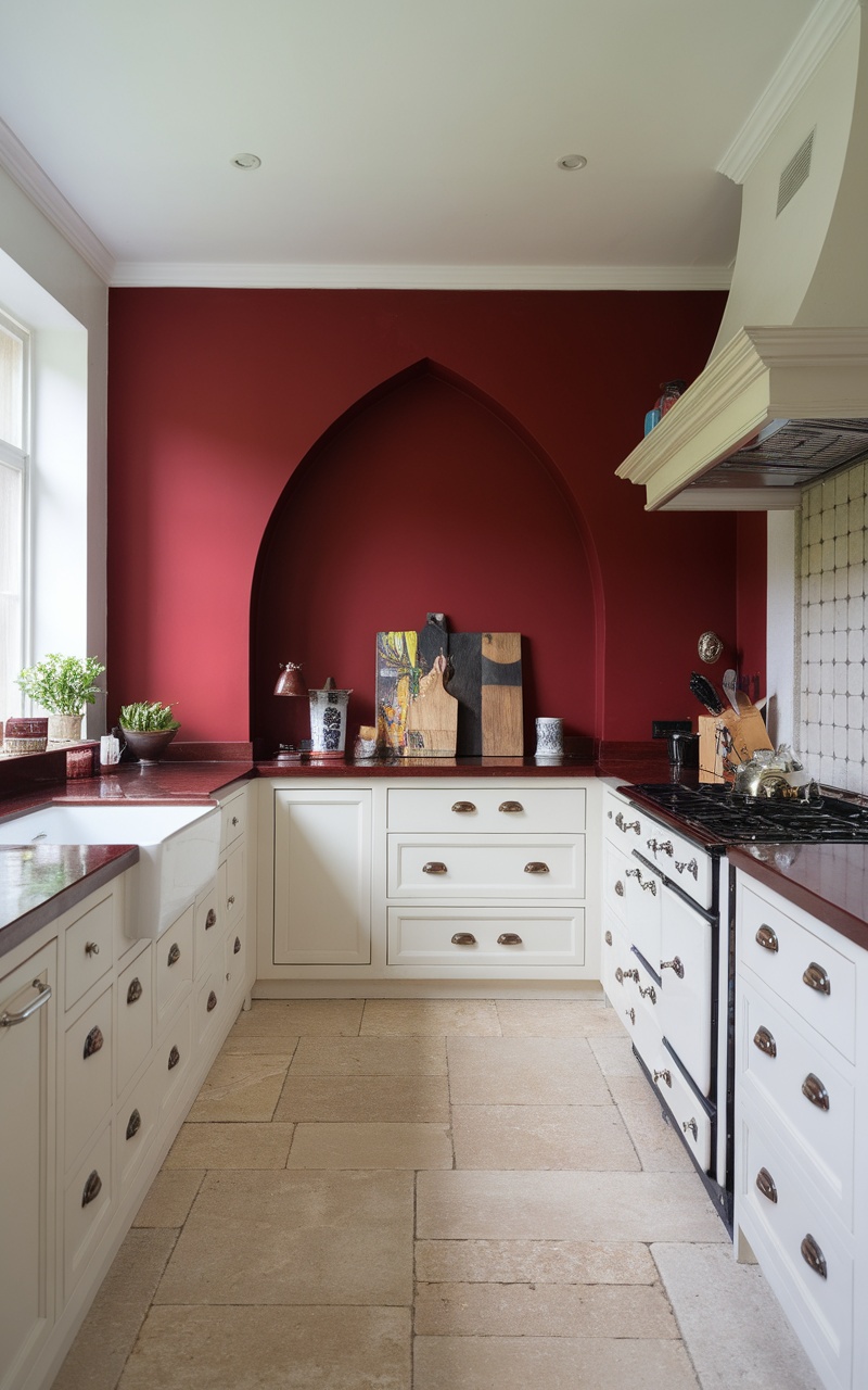 A kitchen with a dark cherry red accent wall, white cabinets, and wooden decor.