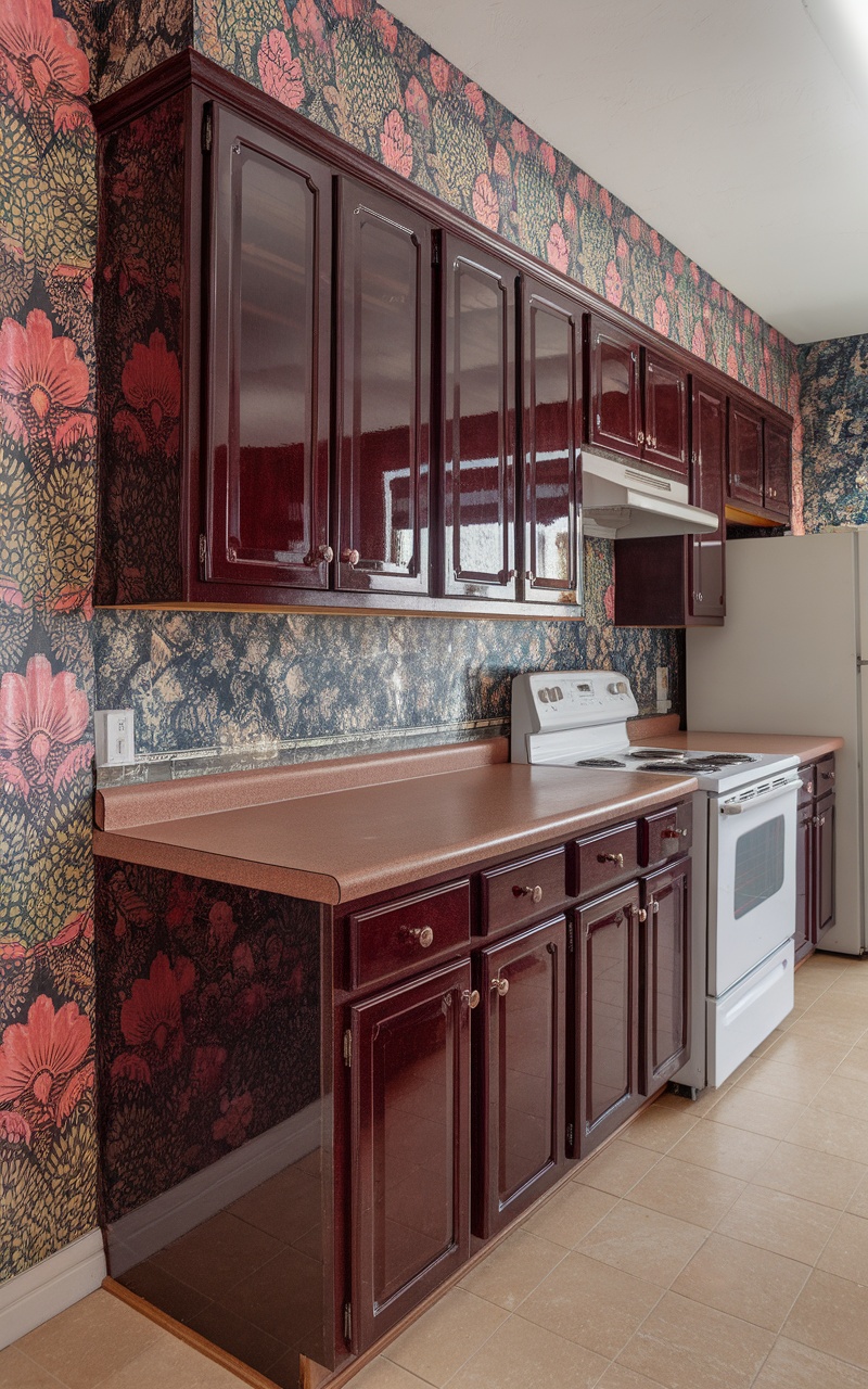 A kitchen featuring dark cherry cabinets and bold floral wallpaper.