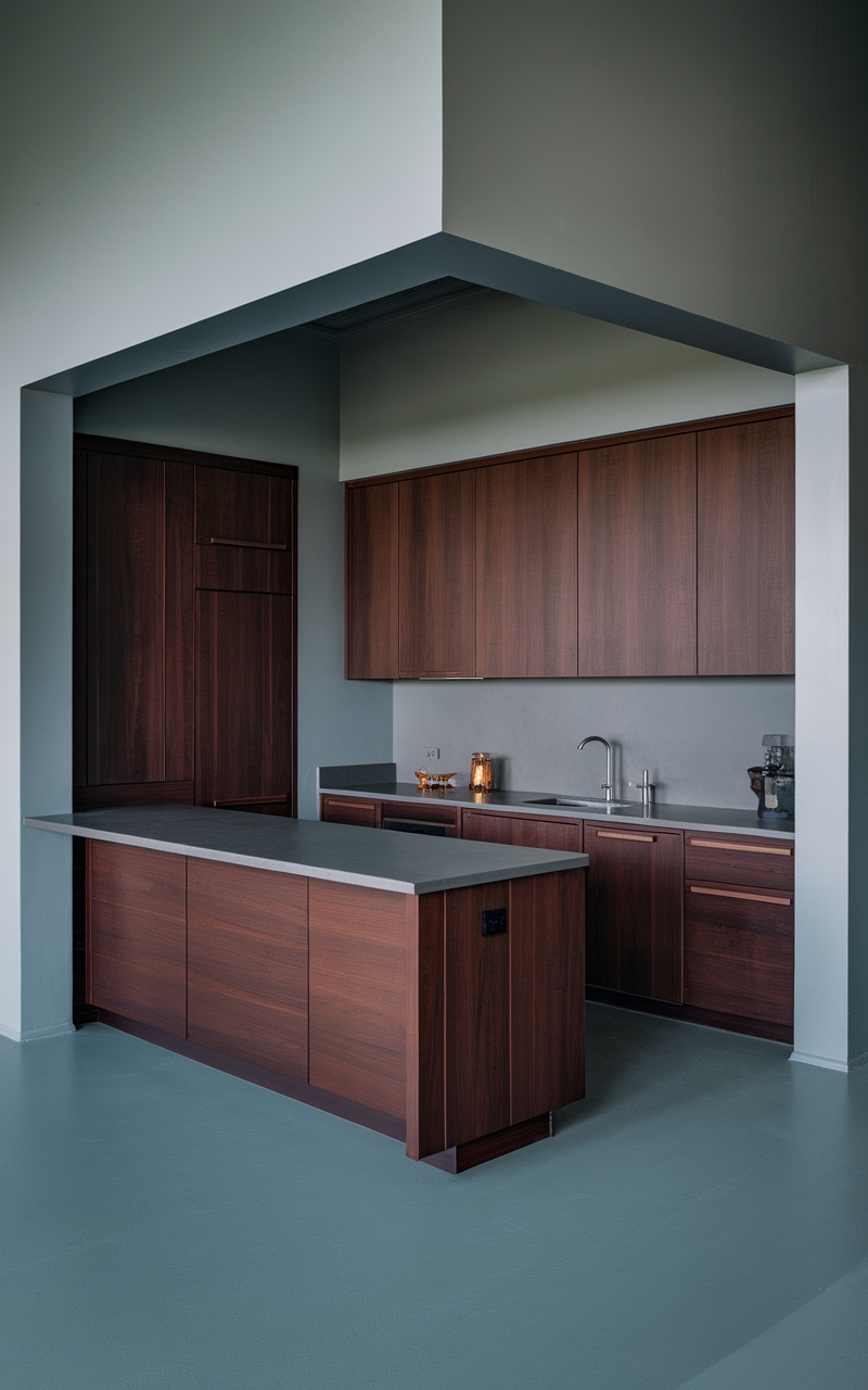 A modern kitchen featuring dark cherry red cabinets and cool gray walls.