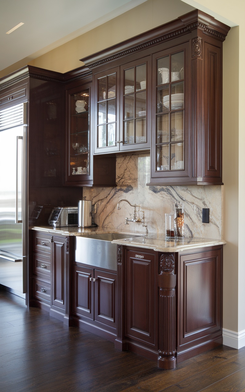 Kitchen with dark cherry cabinets and marble countertops