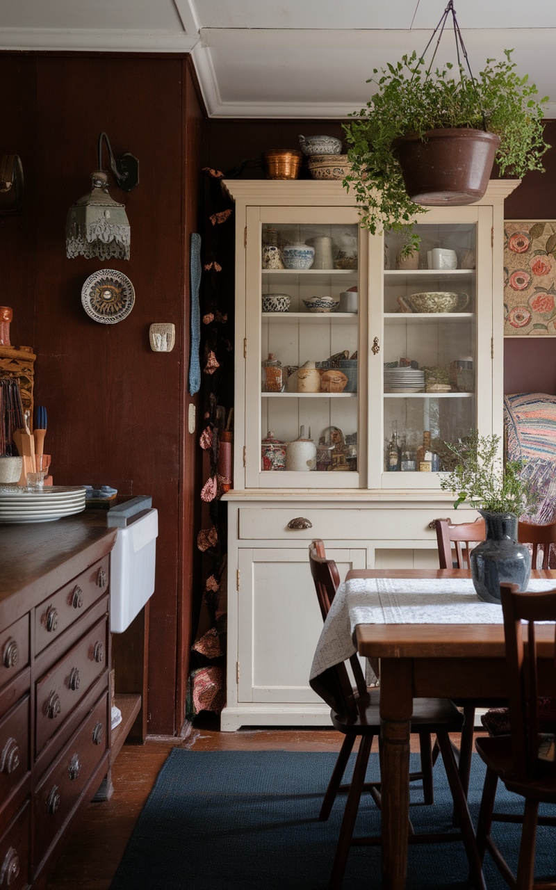 A cozy kitchen featuring dark cherry red walls, light cabinetry, and rich textiles.