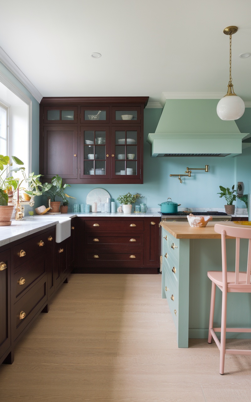 A kitchen with dark cherry cabinets and soft pastel accents, featuring plants and decorative items.