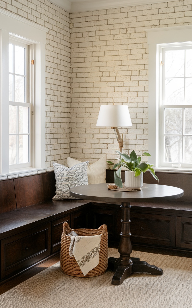 Cozy breakfast nook with a round table, dark wood bench seating, and light brick walls