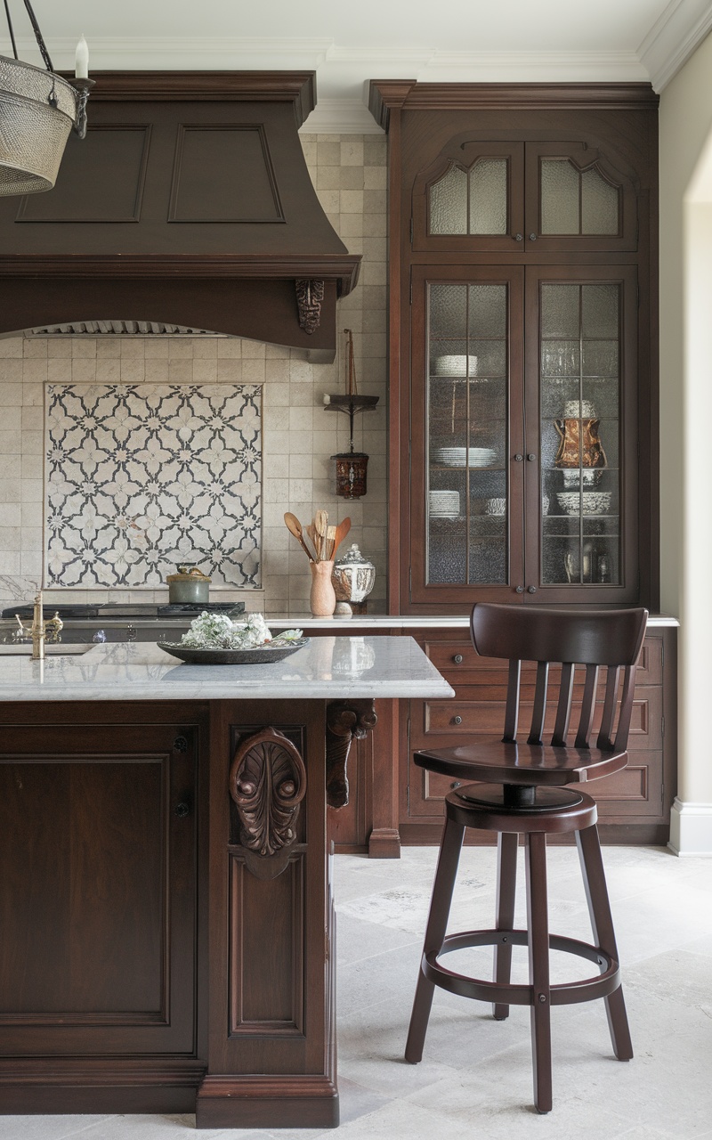 A kitchen featuring dark cherry wood cabinetry and accents, showcasing an elegant design with a marble countertop.