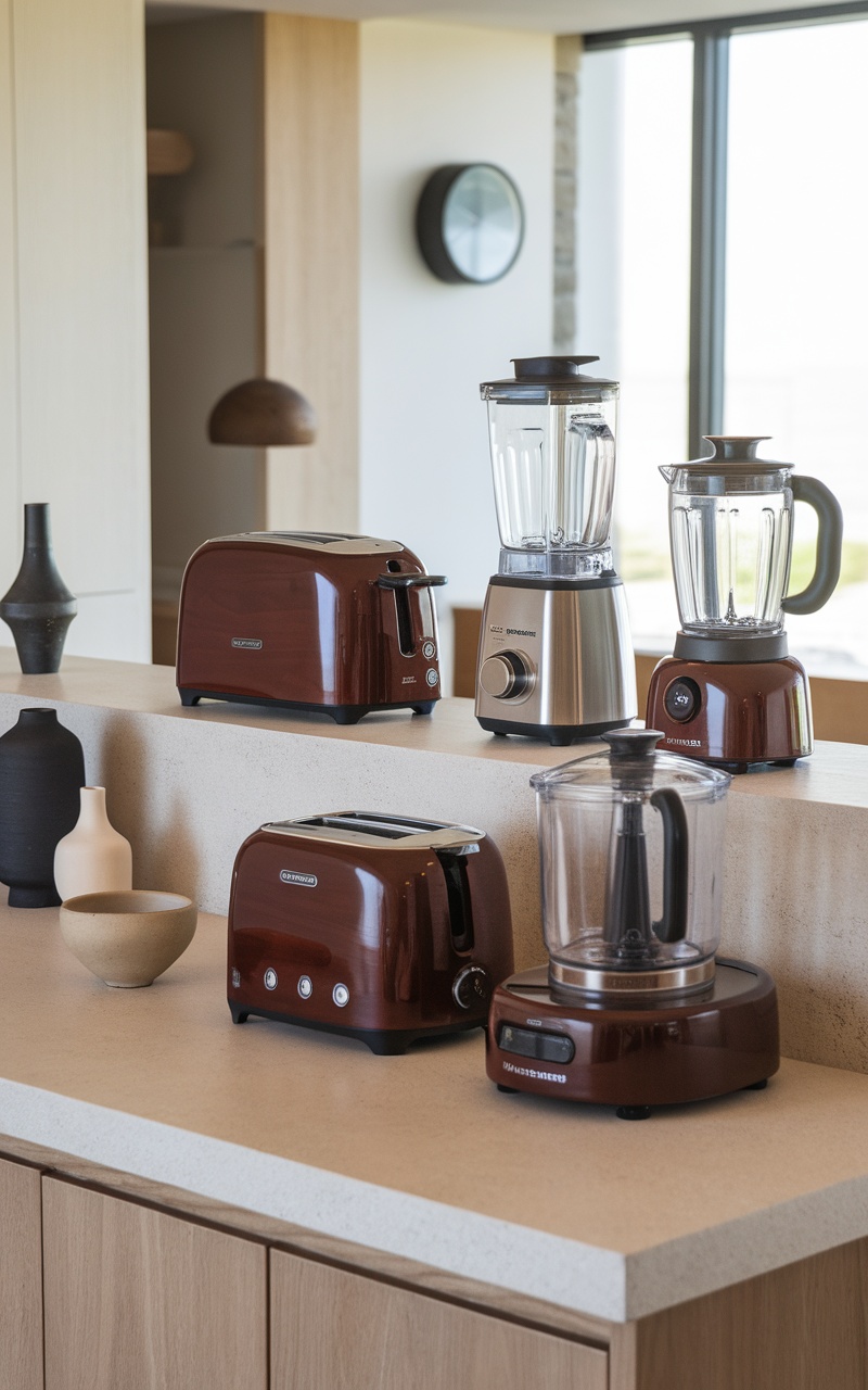 A collection of dark cherry red kitchen accessories including a toaster, blender, and food processor on a countertop