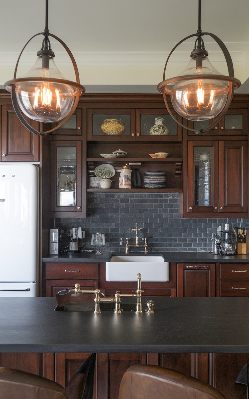 A kitchen with dark cherry cabinets and pendant lighting fixtures.