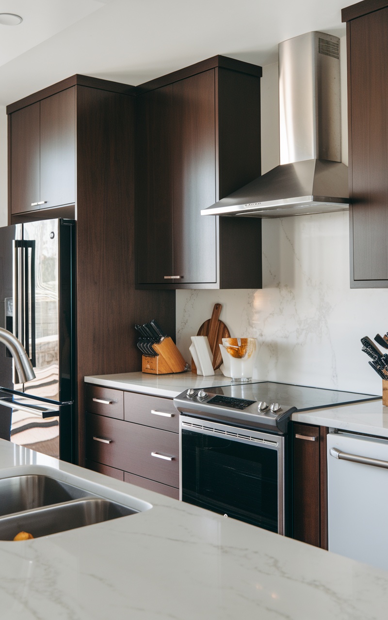 Modern kitchen featuring dark cherry red cabinets and stainless steel appliances.