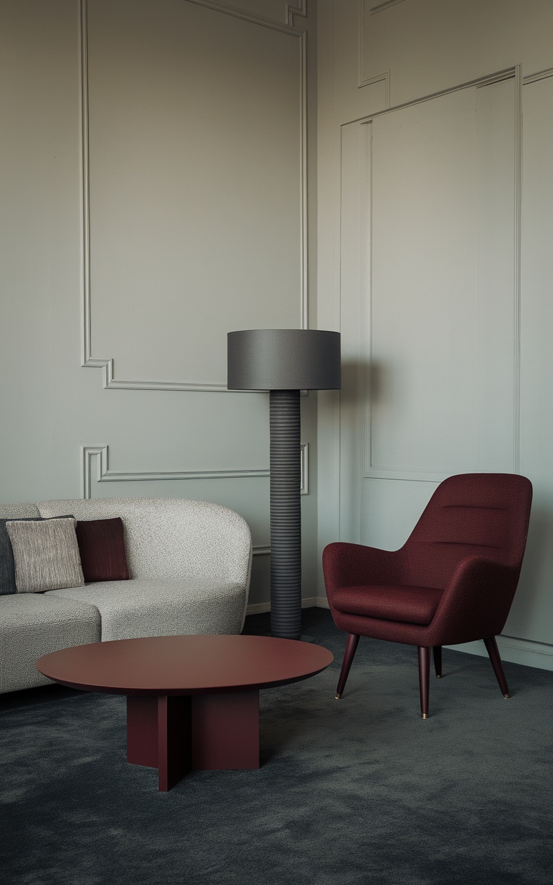 A cozy living room featuring a dark cherry red chair and coffee table against a chic gray background.