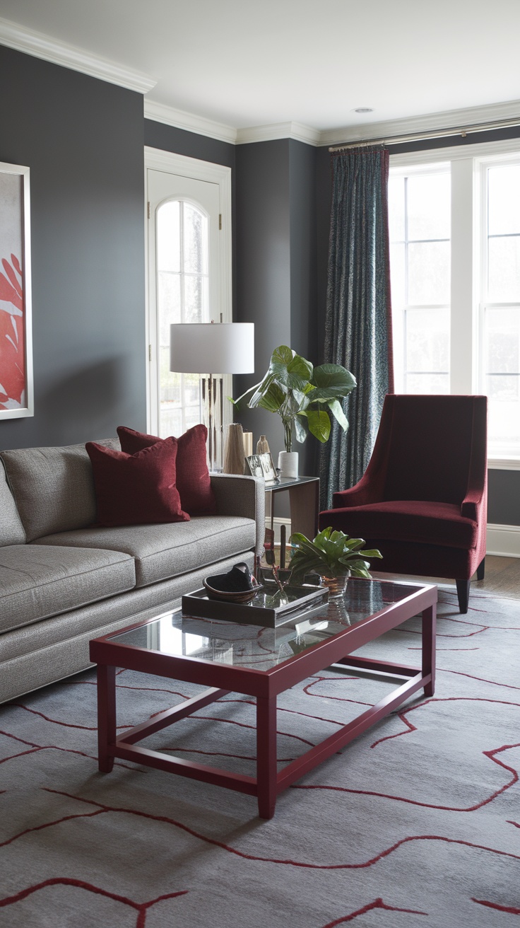 Living room featuring dark cherry red accents and gray walls