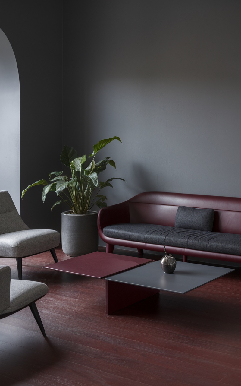 An interior scene featuring dark cherry red furniture and gray walls.