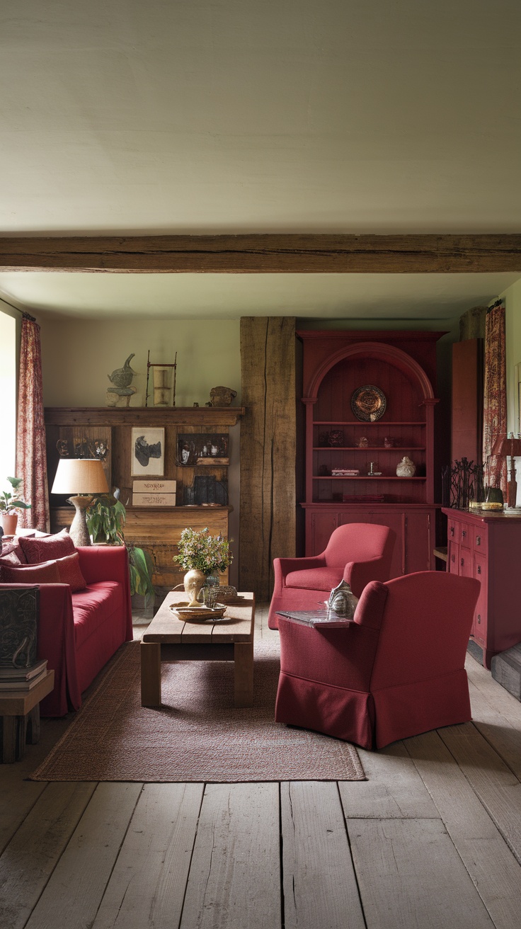 A cozy living room with dark cherry red furniture and natural wood elements