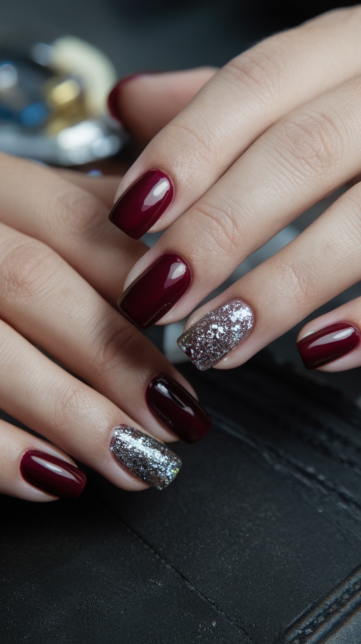 Close-up of dark cherry red nails with a silver glitter accent nail.