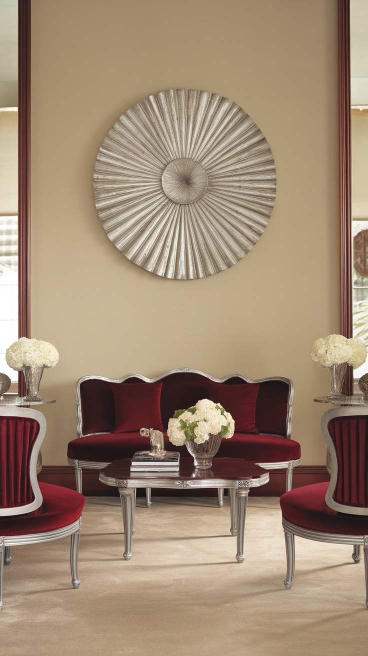 A living room featuring dark cherry red furniture contrasted with silver accents and floral decor.