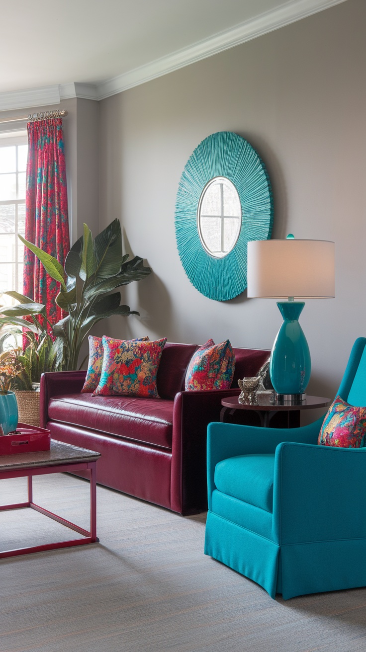 A living room featuring dark cherry red sofa and turquoise accents, with floral curtains and a round turquoise mirror.