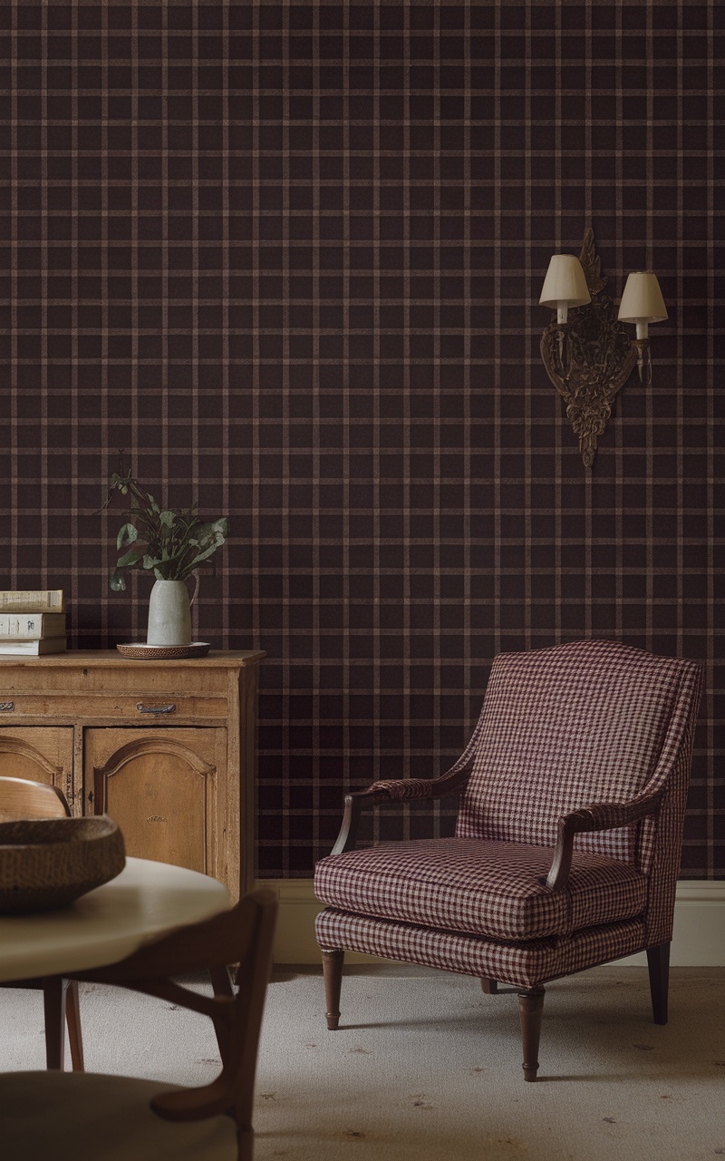 Dark cherry red and white checked wallpaper with a cozy chair and wooden furniture