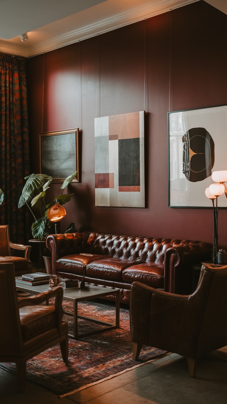 A cozy living room featuring dark cherry red walls and art pieces with geometric designs.