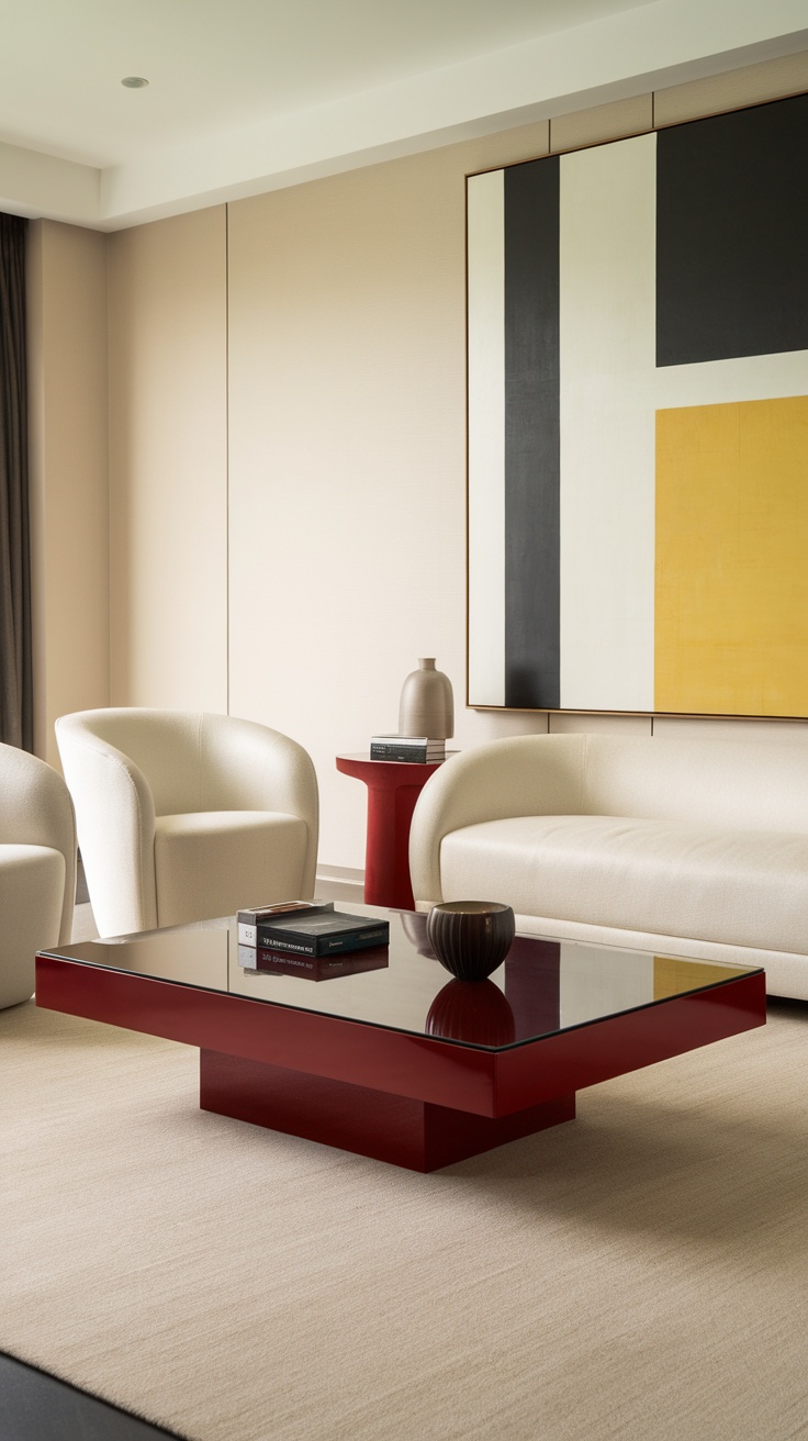 A modern dark cherry red coffee table with a glass top and a minimalist decor in a stylish living room