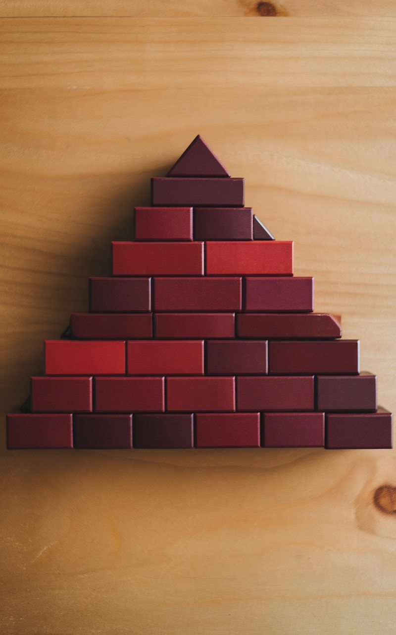 Dark cherry red color blocks arranged in a pyramid shape on a wooden surface.