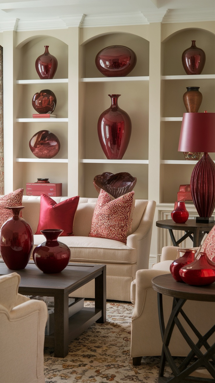 A living room featuring dark cherry red decorative accents, including vases and pillows, against a neutral background.