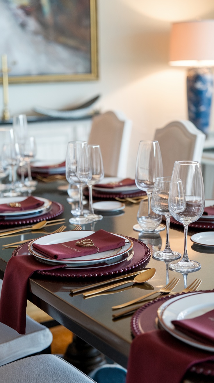 Elegant dining table set with dark cherry red napkins, glassware, and gold cutlery