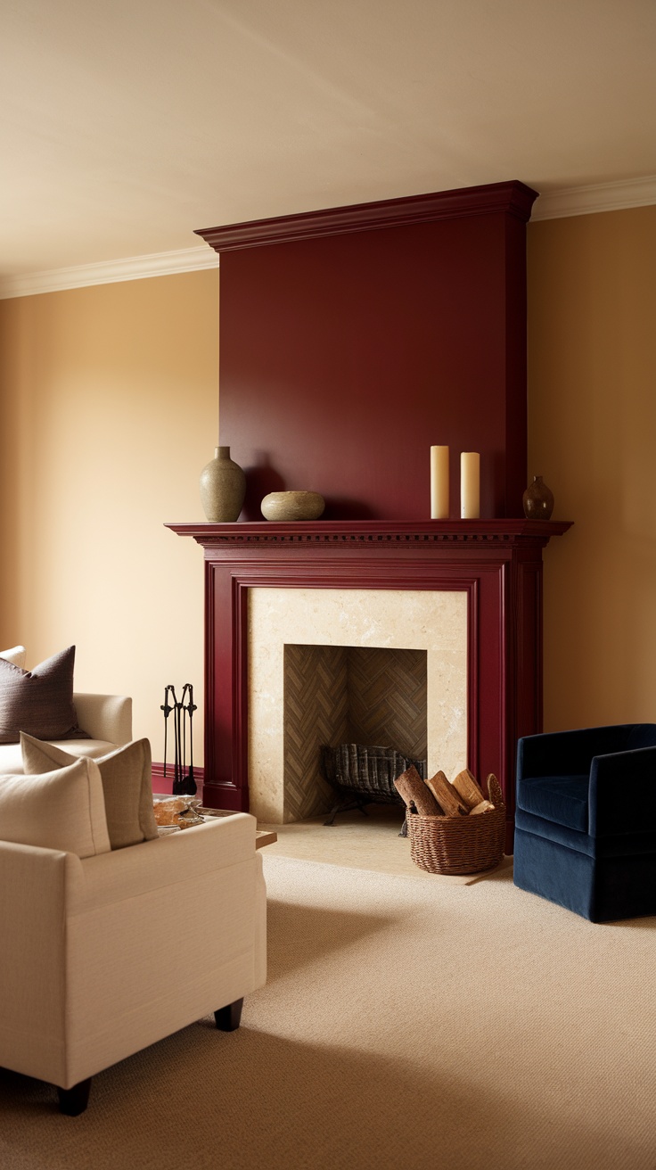 A living room featuring a dark cherry red fireplace surround, with beige walls and tasteful decor.