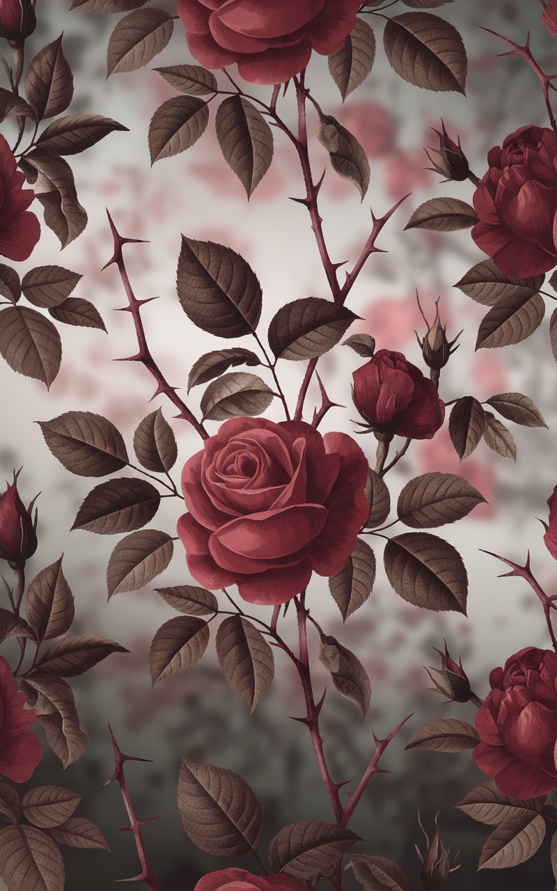 Dark cherry red floral motif featuring roses and leaves.