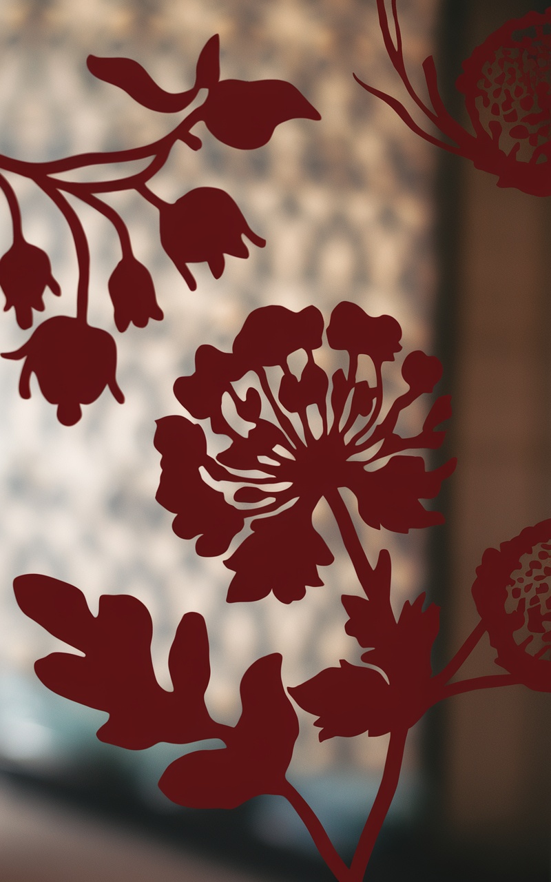 Dark cherry red floral silhouettes on a light background