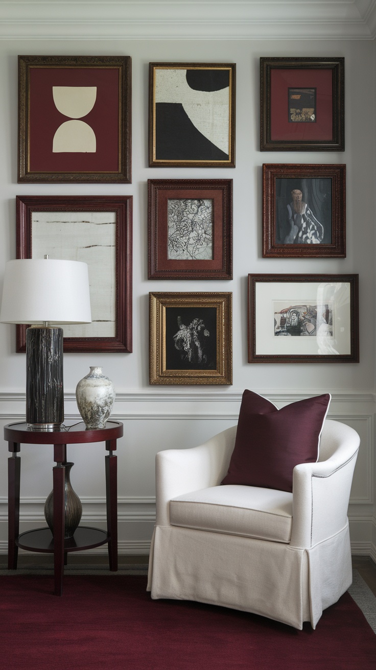 A gallery wall featuring various framed artworks in dark cherry red frames, complemented by a cozy white chair and decorative items.