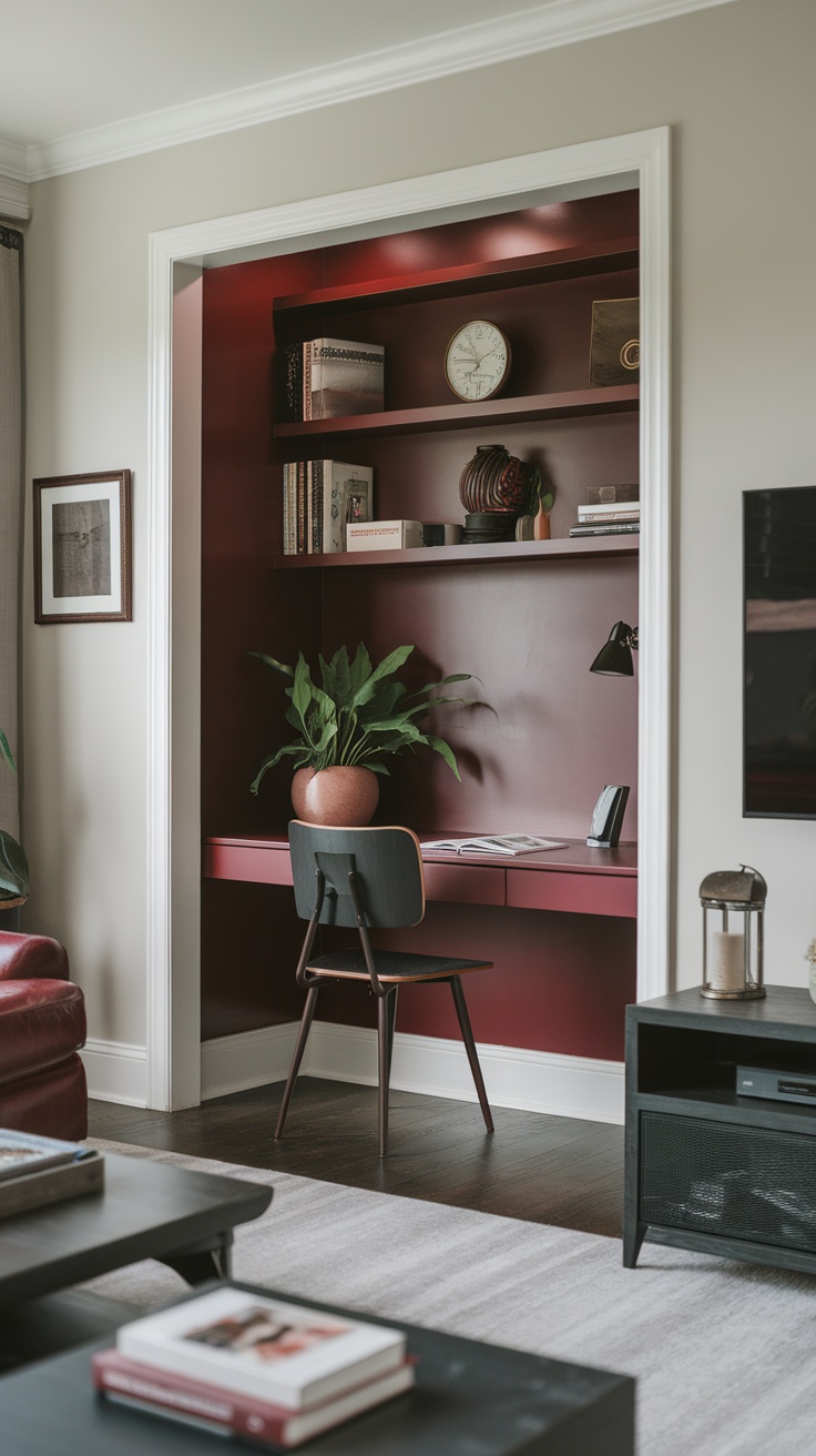 Cozy home office nook with dark cherry red walls and shelves