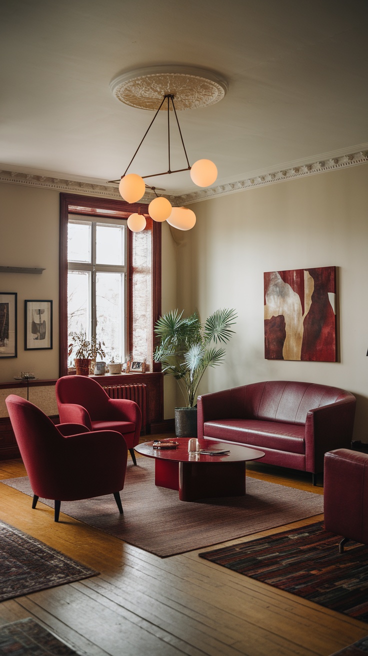 Living room with dark cherry red furniture and modern lighting fixtures