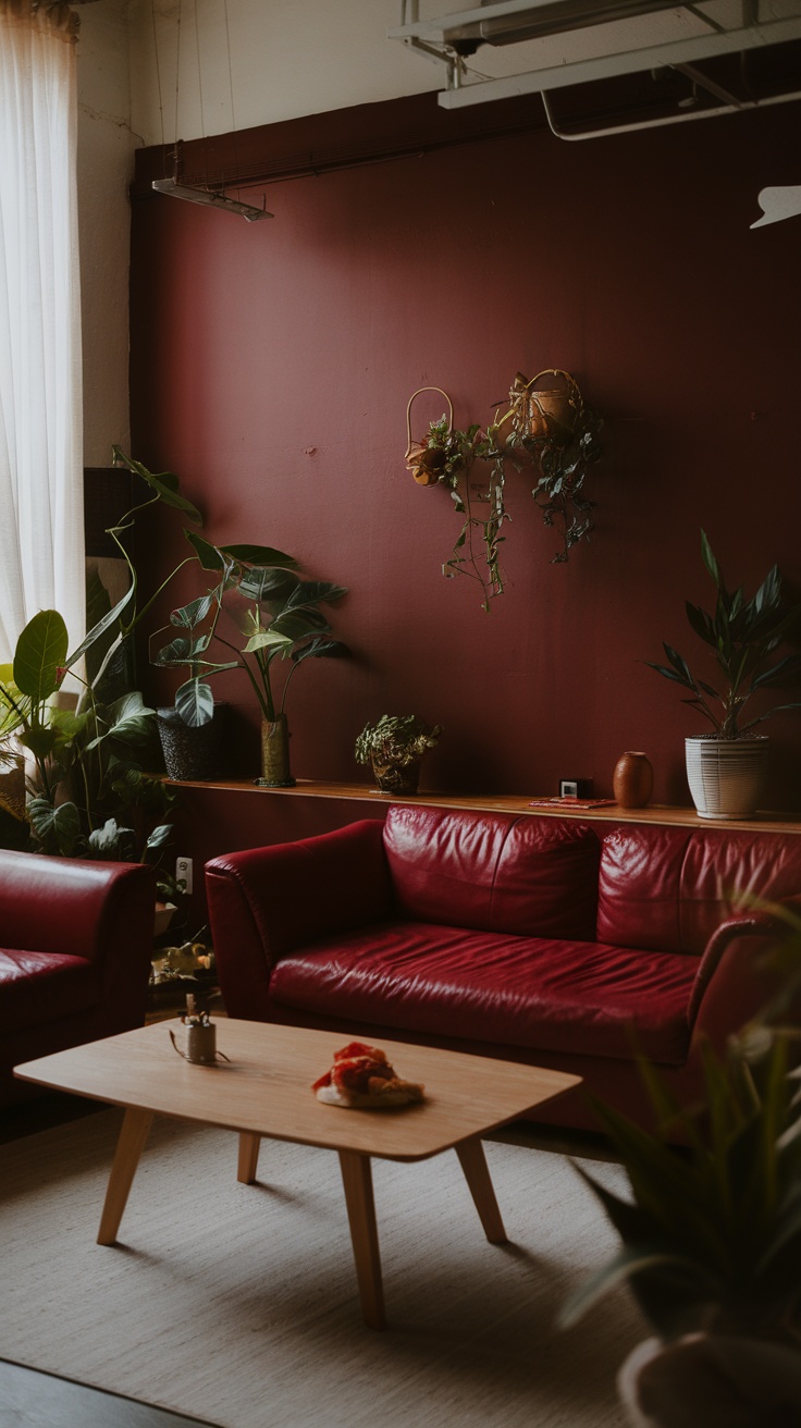 A cozy living room featuring dark cherry red walls and red leather sofas, complemented by green plants and natural light from sheer curtains.